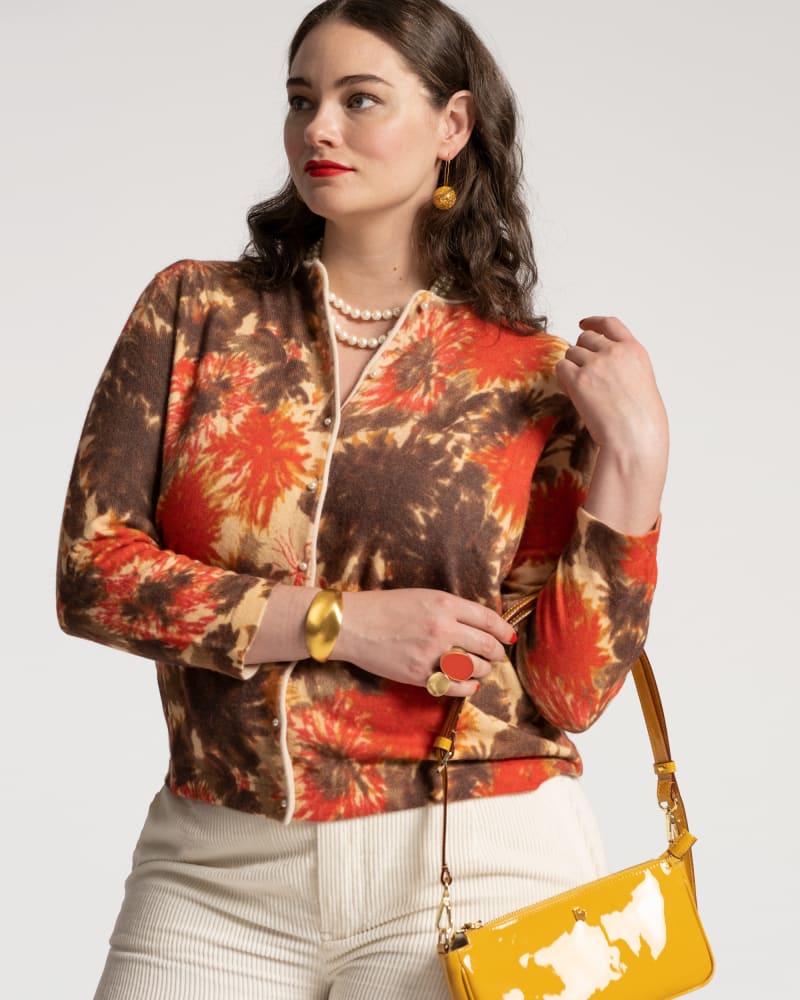 Front of a model wearing a size 1X Darling Cardigan Dahlia in Dahlia by Frances Valentine. | dia_product_style_image_id:237286
